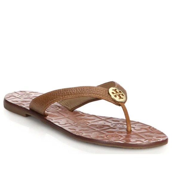 Tory Burch Shoes - Tory Burch Thora Pebbled Leather Gold Medallion Thong Flat Sandals Slip On Sz 8